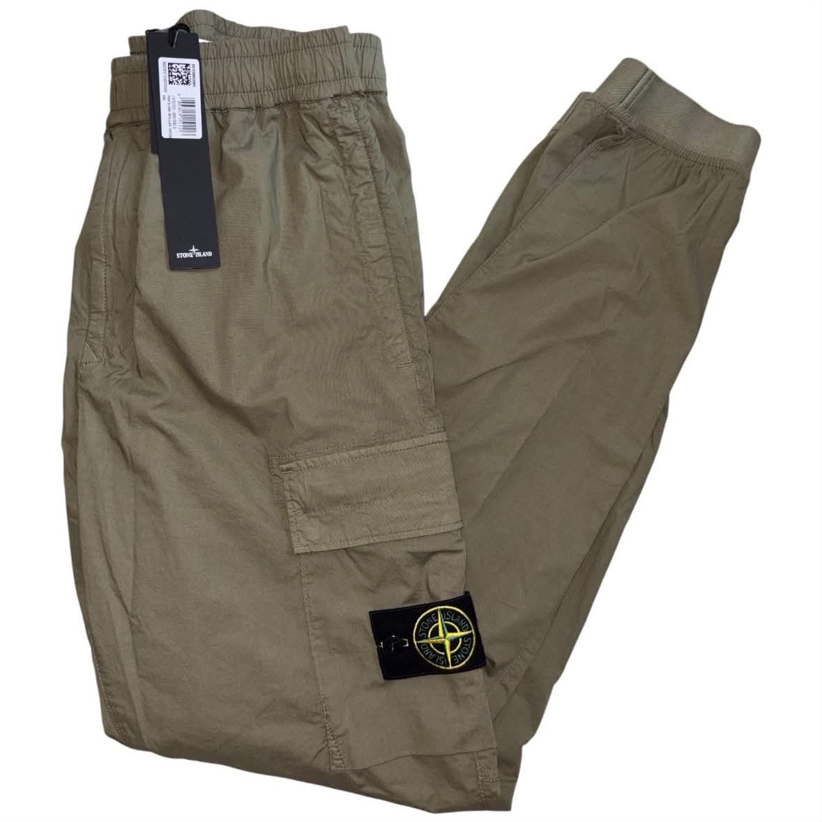 Olive Stone Island cargo trousers, shown in full as photographed, with the original badge and tags visible.
